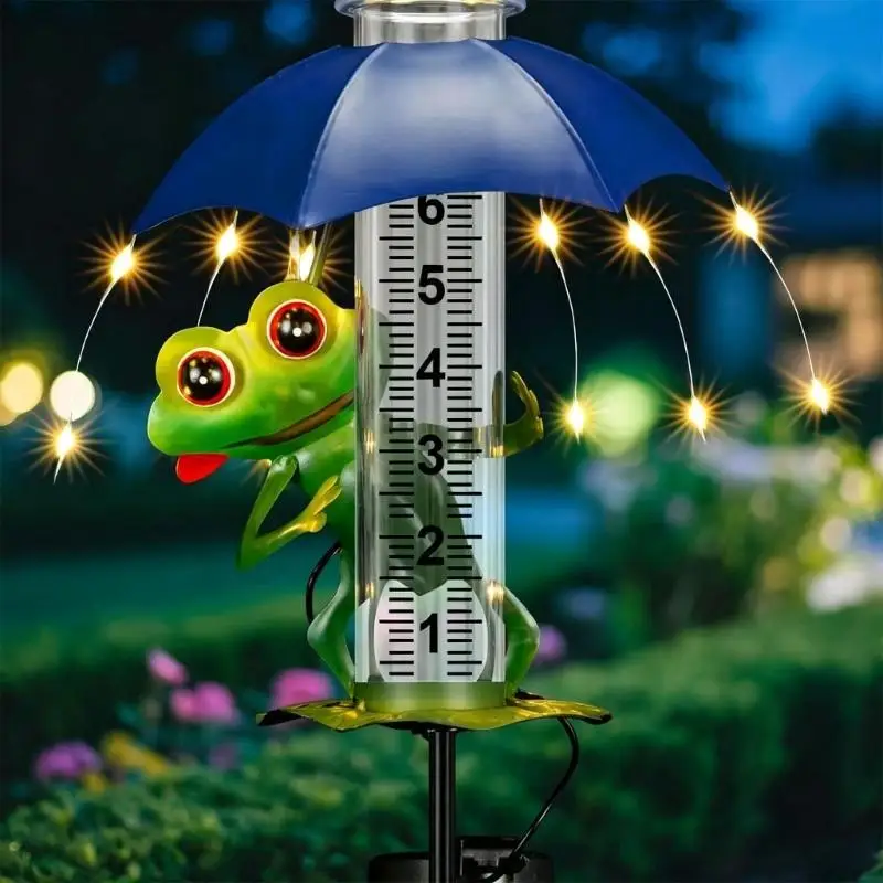 Sun Activated Themed Rain measure With 7 Inch Clear Tube And Warm White LED For Outdoor Decor D2RD