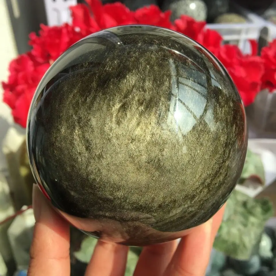 Natural Gold Obsidian Crystal Sphere Polished Black Healing Quartz Ball