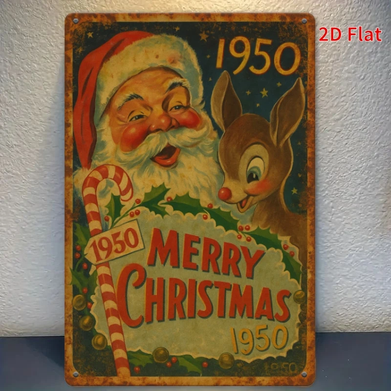 1. Vintage 1950s Santa Reindeer Metal Sign 2D Flat Print, Rustic Wall Decor for Farmhouse, Porch, Living Room & Outdoor Space
