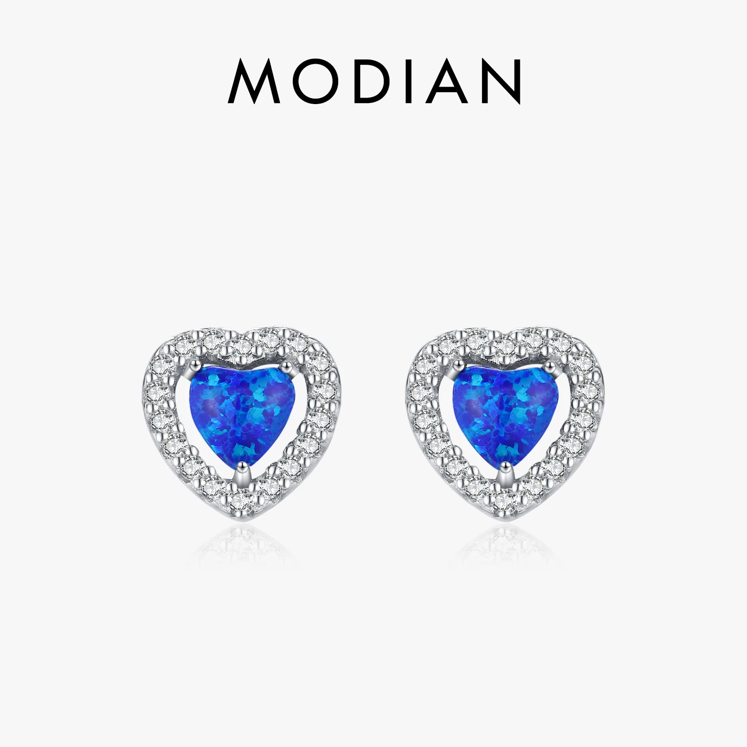 

MODIAN Solid 925 Sterling Silver Sparkling Hearts Blue Opal Stud Earrings Platinum Plated Simple Earrings For Women Fine Jewelry