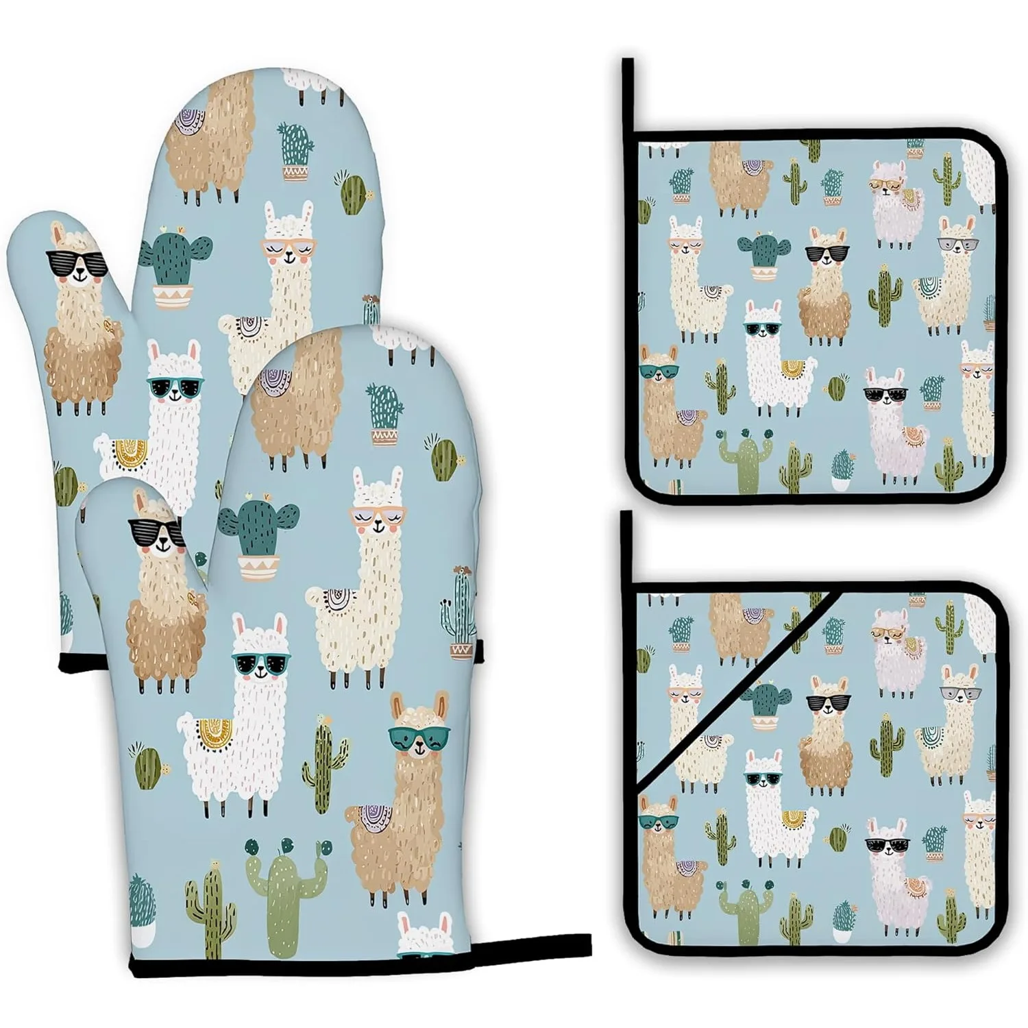 Cute Alpacas Oven Mitts and Pot Holders Set,Cactus Kitchen Decor Heat Resistant Non Slip Hot Pads and Oven Mitt