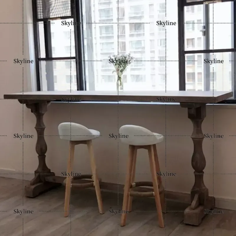 French Country Solid Wood Bar Table with Antique High Stools Retro Living Room Entrance Console Set for Balcony Window