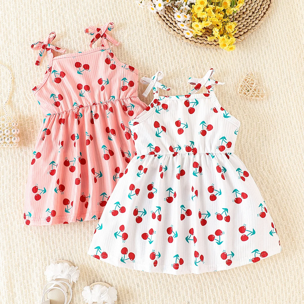 

2-piece combo baby girl baby casual cute fruit cherry full printed bow suspender waist cinching dress, spring and summer