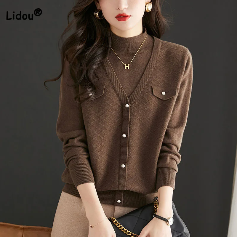 Female Fashion Fake Two Pieces Temperament Solid Sweaters Autumn Winter Women's Clothing Korean Half High Collar Button Knit Top