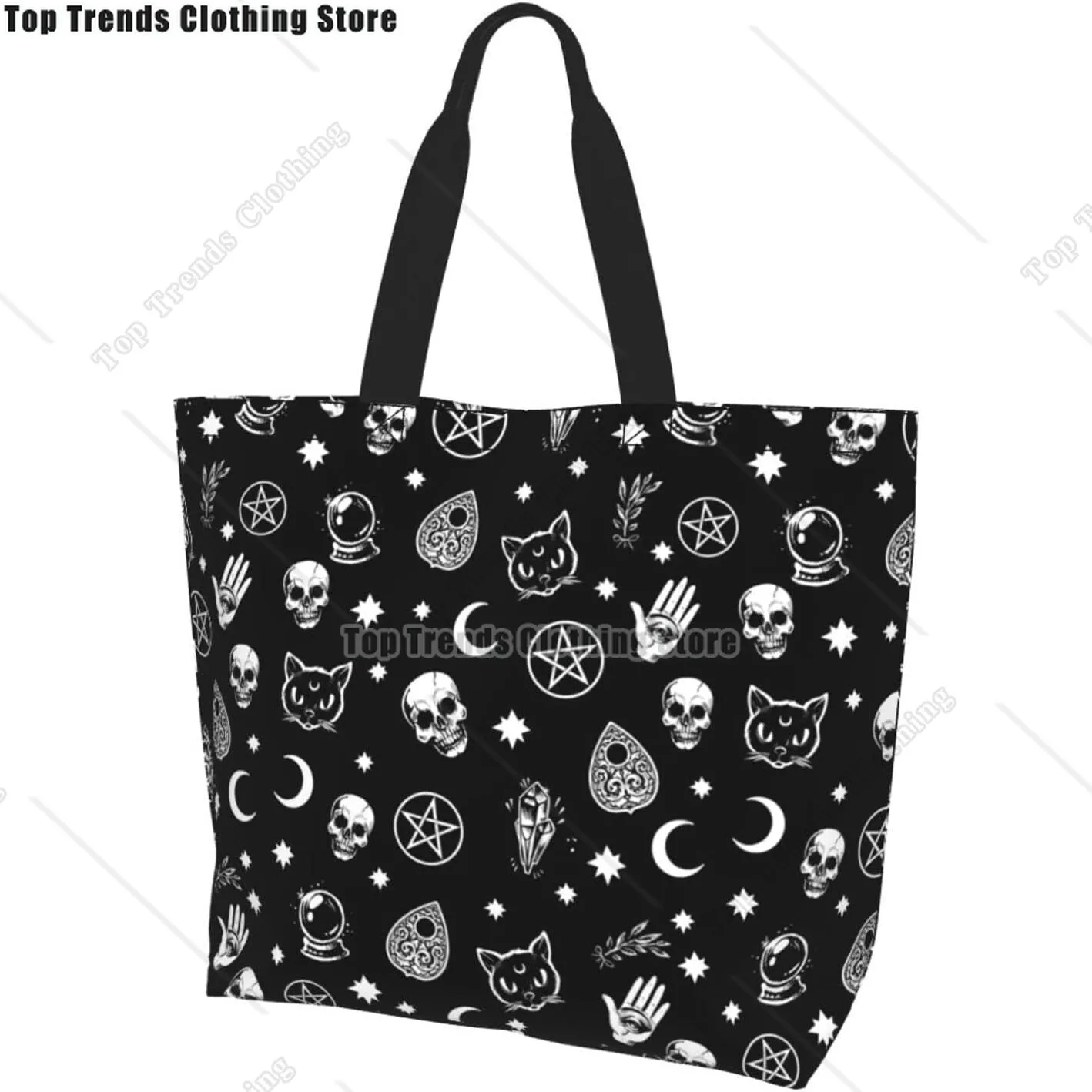 Black Witch Skull Moon Large Tote Bag for Women Waterproof Reusable Shoulder Bag for Beach Travel Work and Grocery Shopping