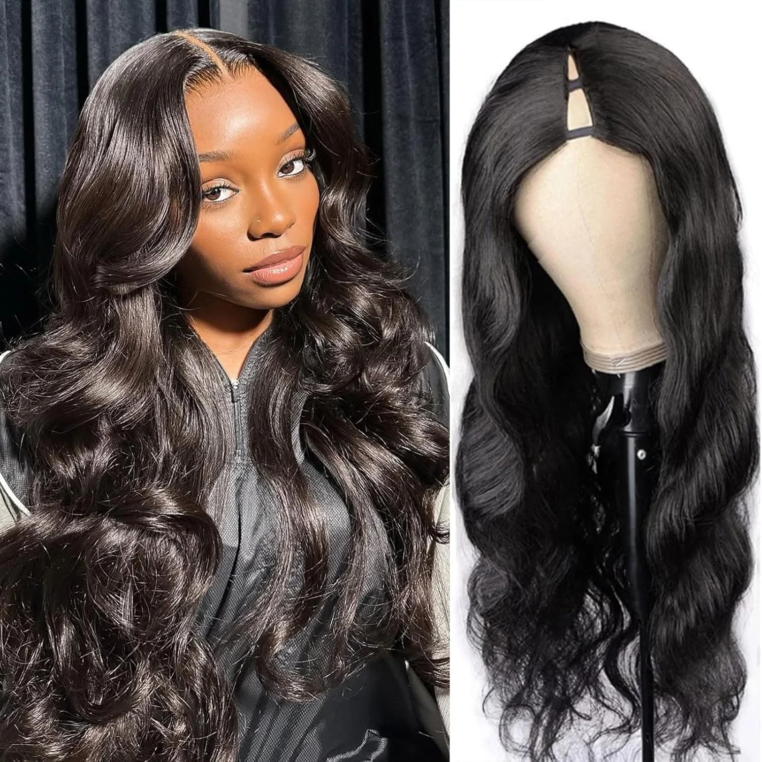 V Part Body Wave Wig Machine Made Human Hair 220% Density V Part Wigs With Drawstring No Sew Human Hair V Shape Wig For Women Natural Color