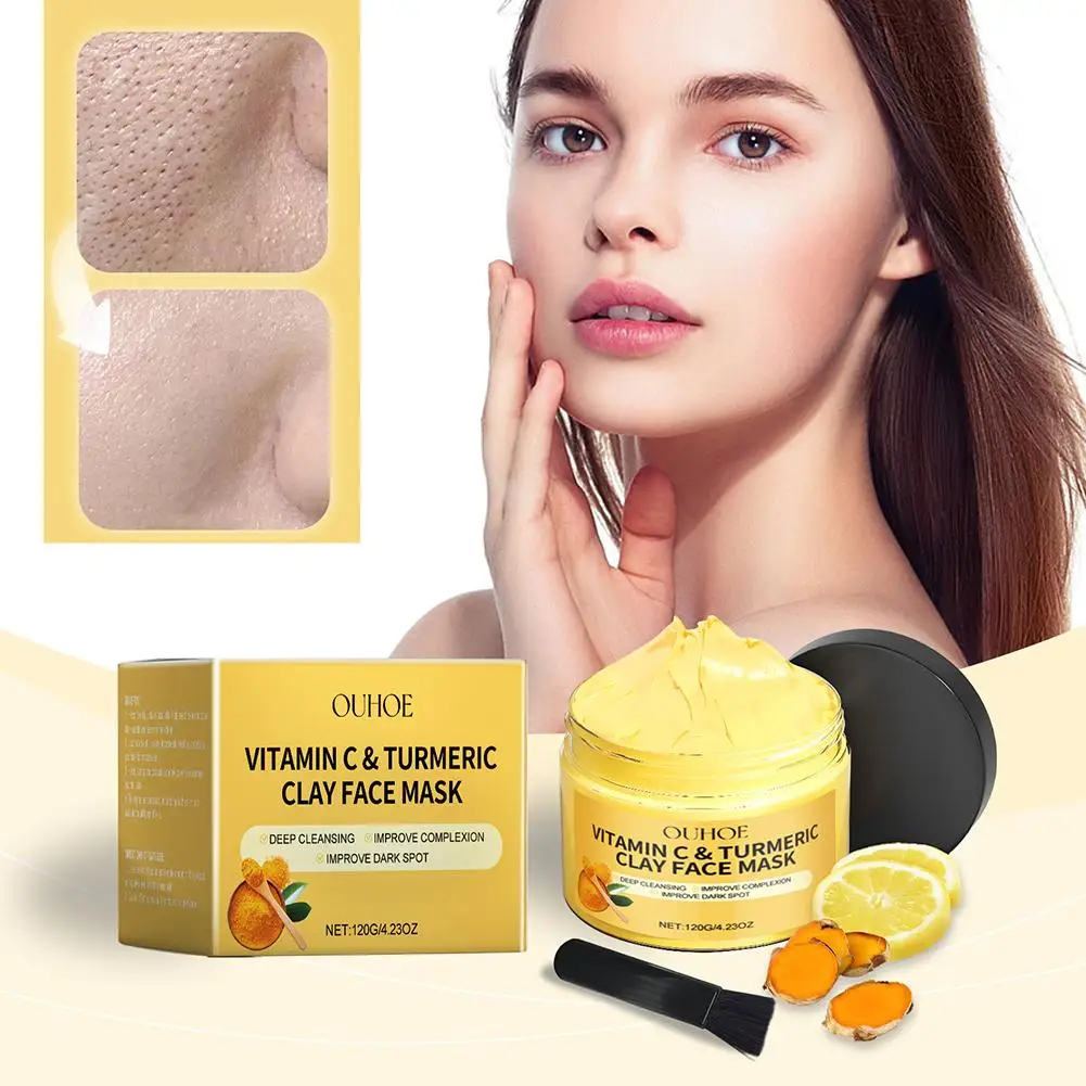 Masker Wajah tanah liat perawatan kulit 120g, pembersihan dalam Vitamin C kunyit masker wajah