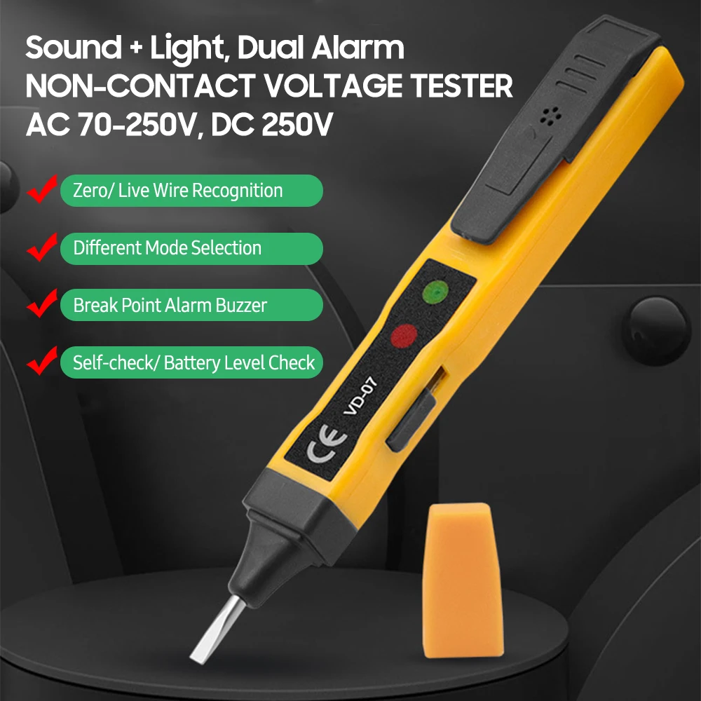 Non-contact AC Voltage Tester Pen AC 70-250V DC 250V Portable NCV Detector with Sound Light Dual Alarm, Zero/ Live Wire Recognit