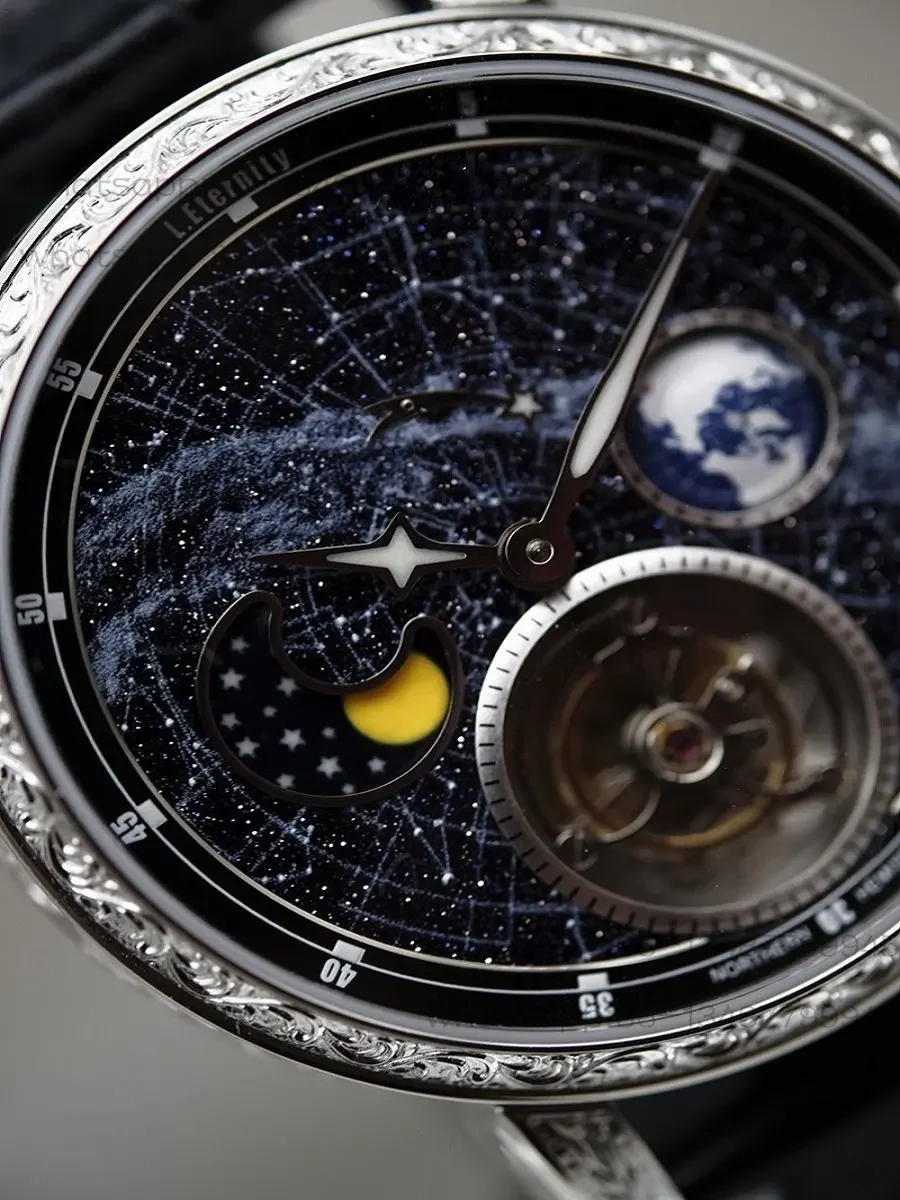 Free Shipping Fashion Niche Starry Sky Earth Moon Phase Dynamic Tourbillon Automatic Mechanical Watch Luminous