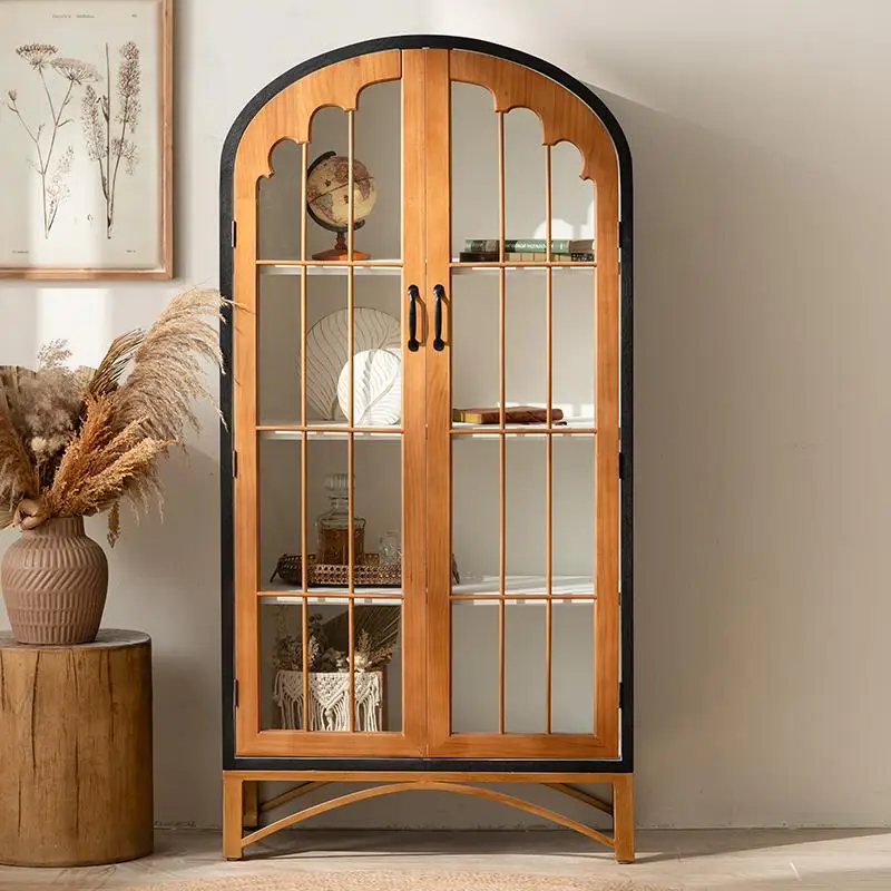 

French retro wine cabinet living room against the wall wabi sandy wind solid wood bookcase with glass door decorative cabinet mu