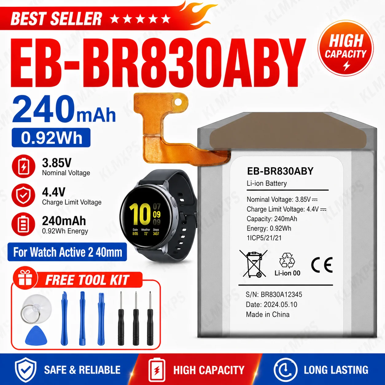 EB-BR830ABY High Capacity Battery for Samsung Galaxy Watch Active 2 40mm SM-R830 SM-R835 Watch3 41mm SM-R850 Bateria With Tools