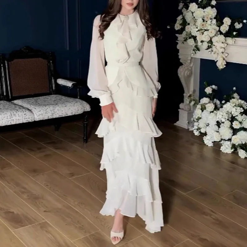 Mulher sexy o pescoço em camadas babados vestidos longos elegante sólido cintura alta chiffon vestidos de festa outono manga longa magro boho vestido