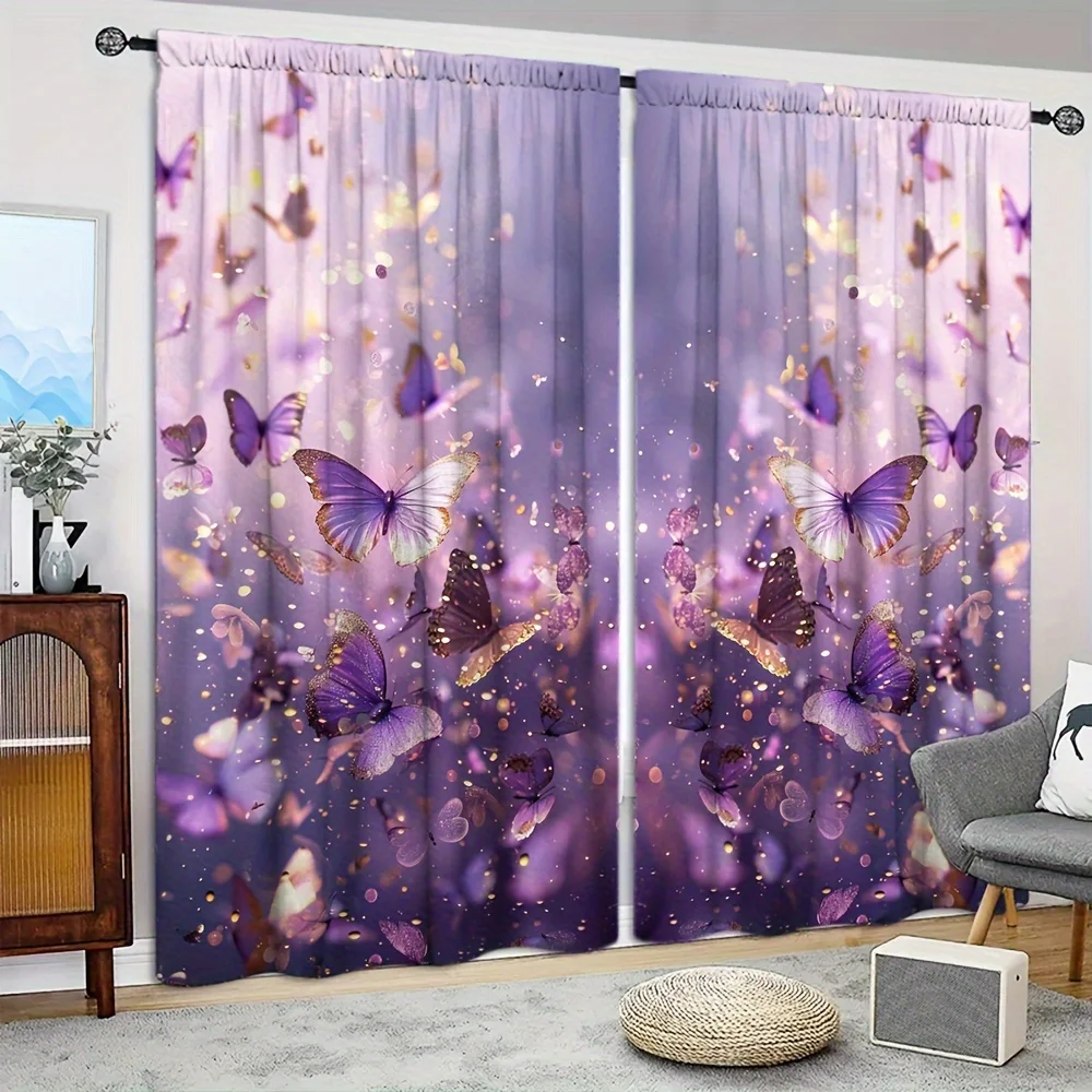 Decorative Purple Butterfly Curtains Polyester Panel Window Treatment for Living Room and Bedroom Boho Style Gold Foil Curtain P