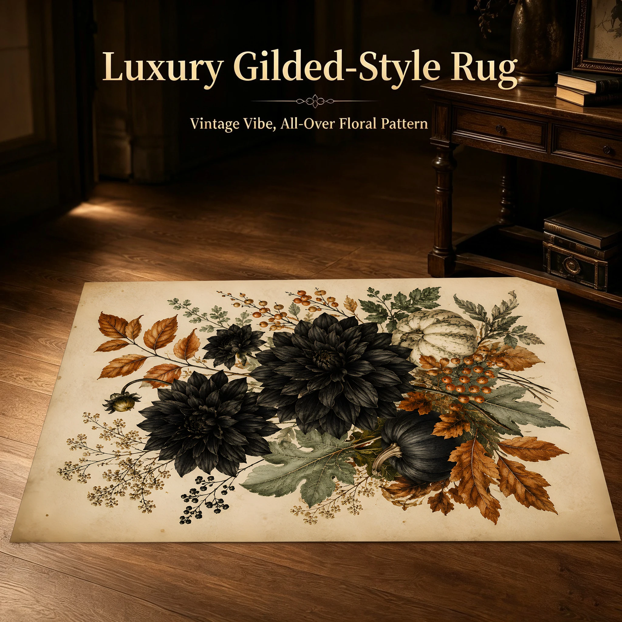 Velvet Rug Black Dahlia Pumpkin Autumn Leaf Berry American Retro for Living Room Entryway Bedroom Decor