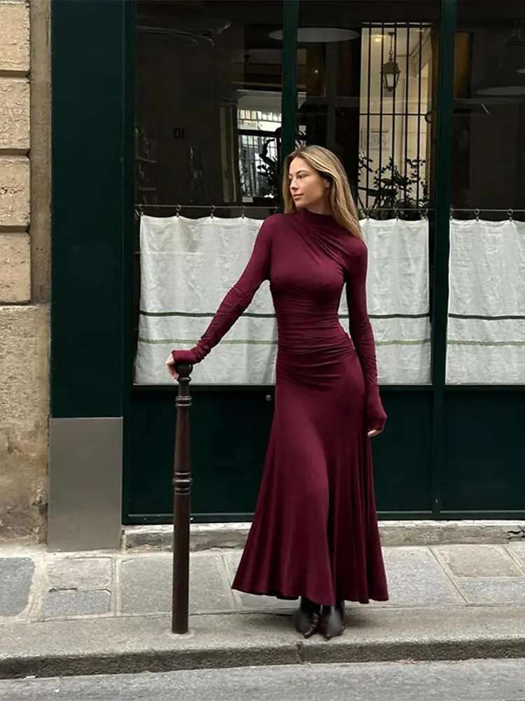 Women Elegant Burgundy Color Off Shoulder Knitted Dress Chic Long Sleeve Waist Up Warm Vestidos 2024 Lady New Party Evening Robe