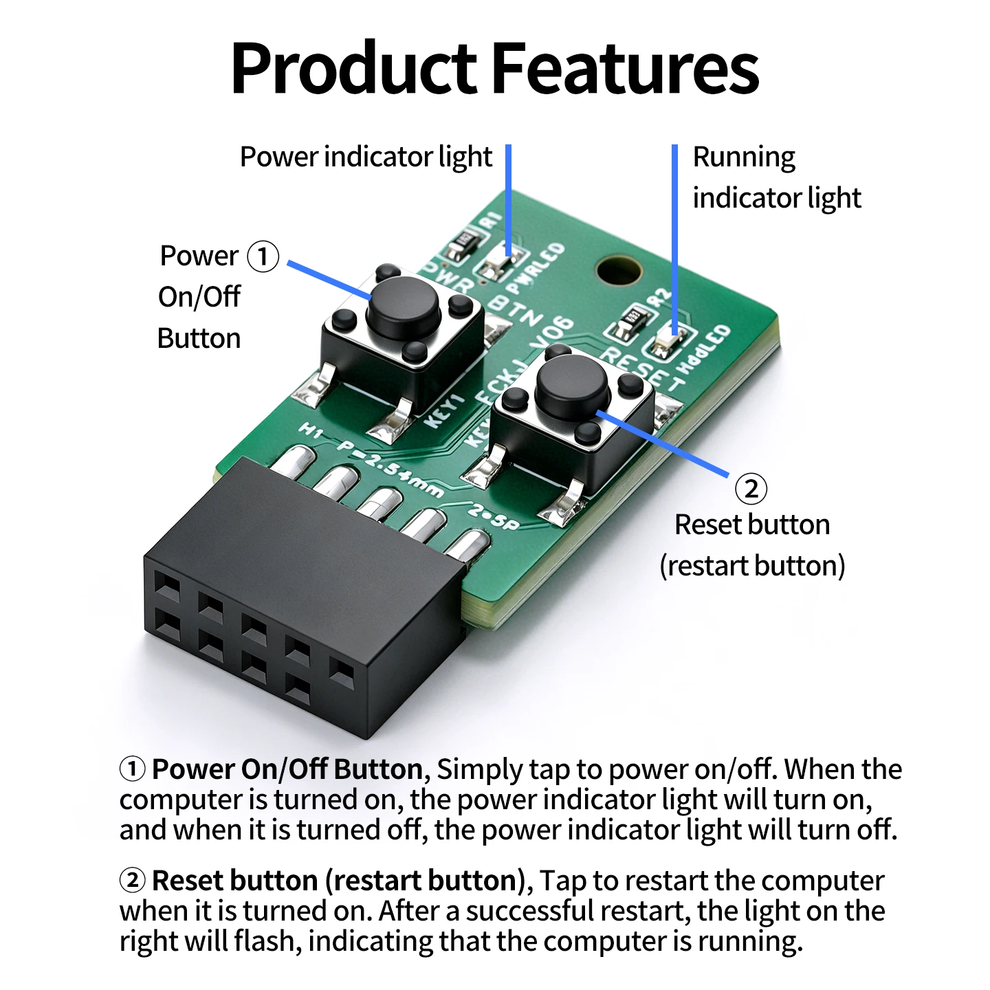 2x5-Pin to Reset Power ON/OFF Motherboard Power Switch Board LED Indicator Tester for Desktop PC Computer Server Repair DIY