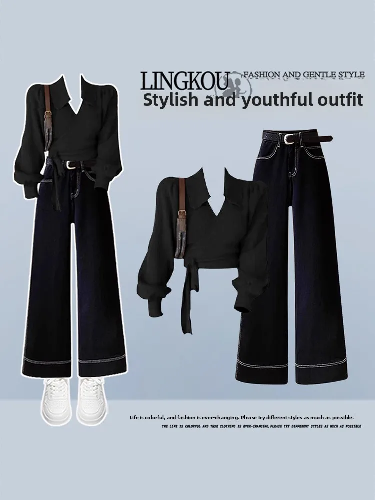 

plus Size Autumn High-End Feel Set Women's Hong Kong Style Vintage Knitted Shirt And Youthful Straight Leg Slimming Jeans Two...