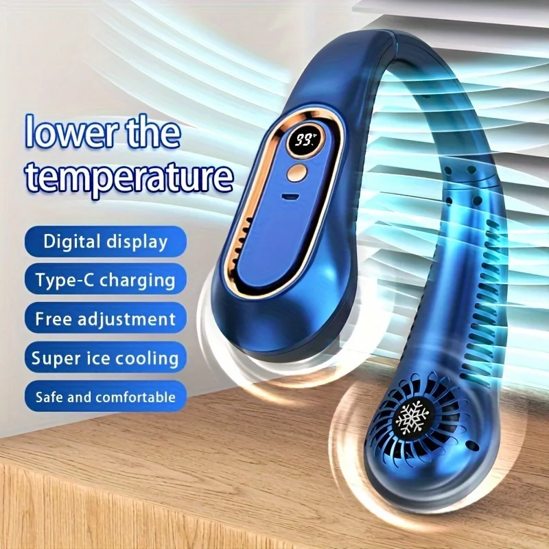 1pc, Portable Neck Fan, USB rechargeable, Personal mini Fan with digital Display, 18.2cm*7.24cm, Adjustable, Super Ice cooling, 