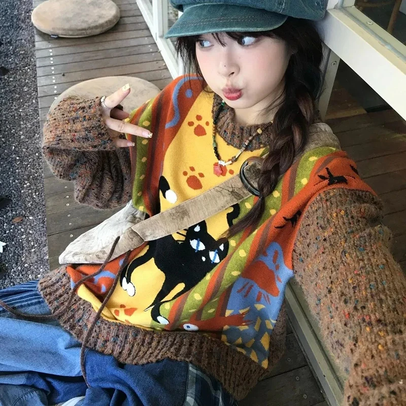 

Vintage Cat Embroidery Knit Sweater Women Loose Casual Cartoon Print Pullovers American Streetwear Hottie Long Sleeve Jumpers