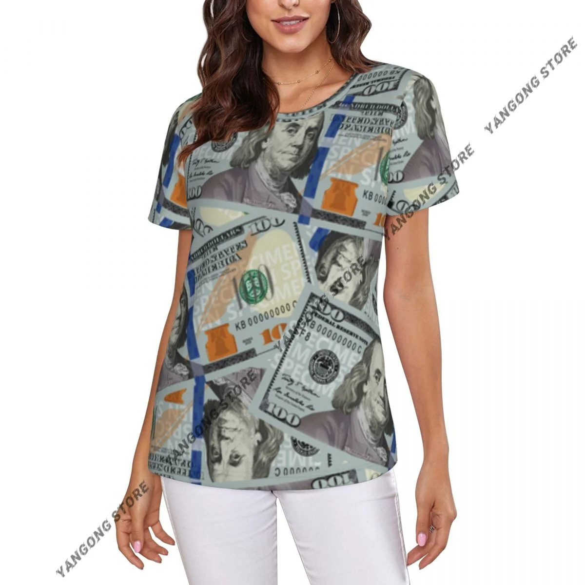 Womens Short Sleeve 100 Dollar Bills Casual Tee Clothing Crewneck Woman T-Shirts