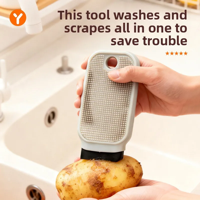 Fruit and vegetable cleaning and scrubbing, potatoes, vegetables, and fruits. The magic tool is a bendable multifunctional brush