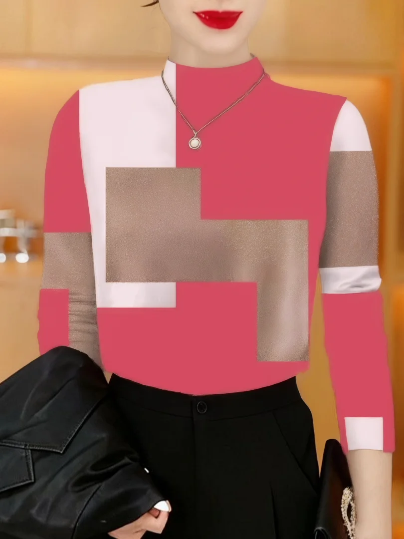 

Теплая флисовая футболка с длинным рукавом и принтом, с воротником-стойкой, для пожилых женщин, модная, омолаживающая, утягивающая, универсальная, термо-топ