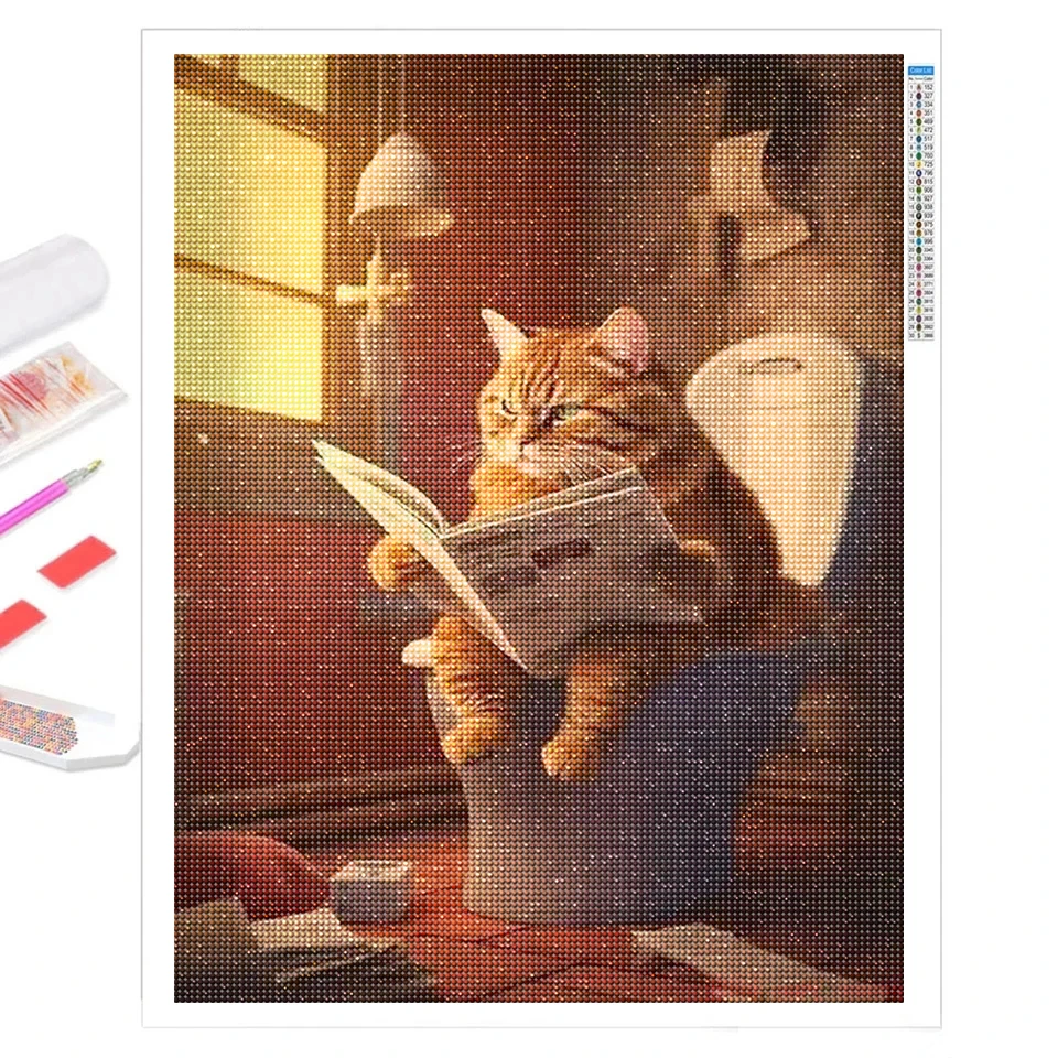 Cat Diamond Painting Toilet Reading Newspapers 5D Diy Full Mosaic Arts Rhinestone Embroidery Picture Animals Wall Decor Gift