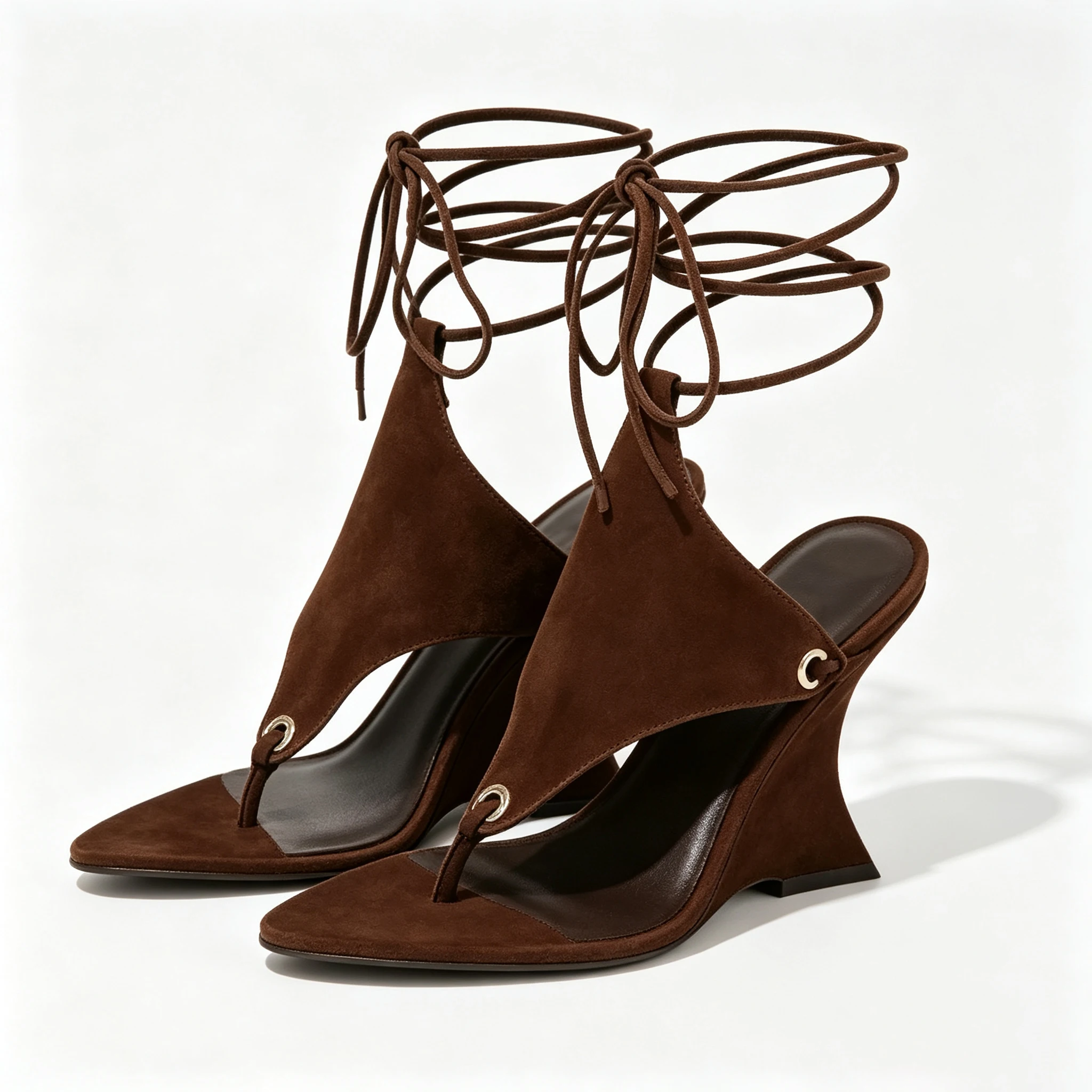 Pinch Foot Brown Suede Lace Up Wedge Sandals Women Open Toe Ankle Wrap High Heel Summer Party Dress Shoes