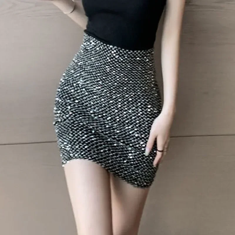 Womens Stylish Sexy Short Skirts Sequin Hip Elasticity High Waist Korean Style Fashion Wrap Tight Mini Skirt for Women Elegant