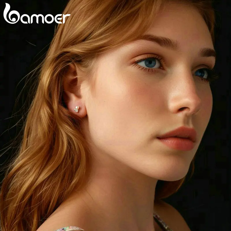 BAMOER White Gold Plated Moissanite Stud Earrings Stud Screw Back 925 Sterling Silver Pearl Hypoallergenic Earrings for Women