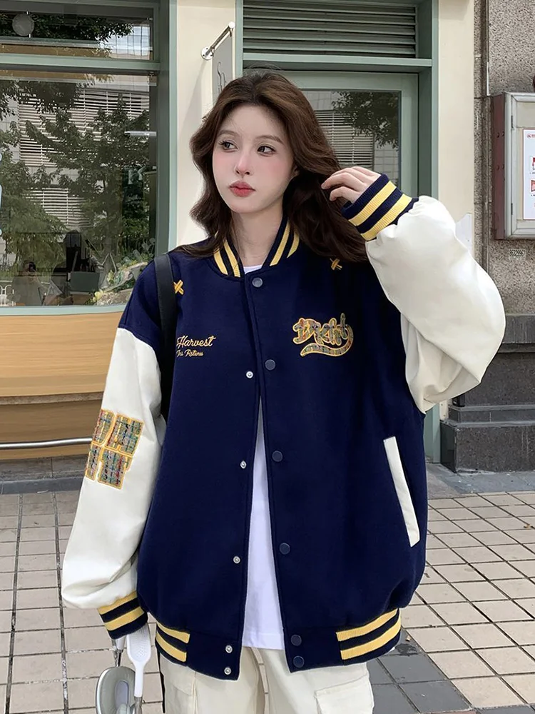 Preppy Style Letter Baseball Jacket Women Loose Vintage Embroidery Y2K Coat American Fall Winter Long Sleeve Harajuku Outwear