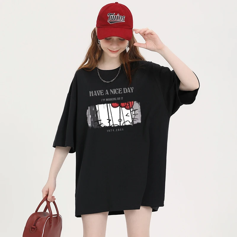 

Plus Size Black Kt Short-sleeved T-shirt Women's 2025 New Summer Loose Thin Cotton Half-sleeved Inner Top Bottoming Shirt Tide