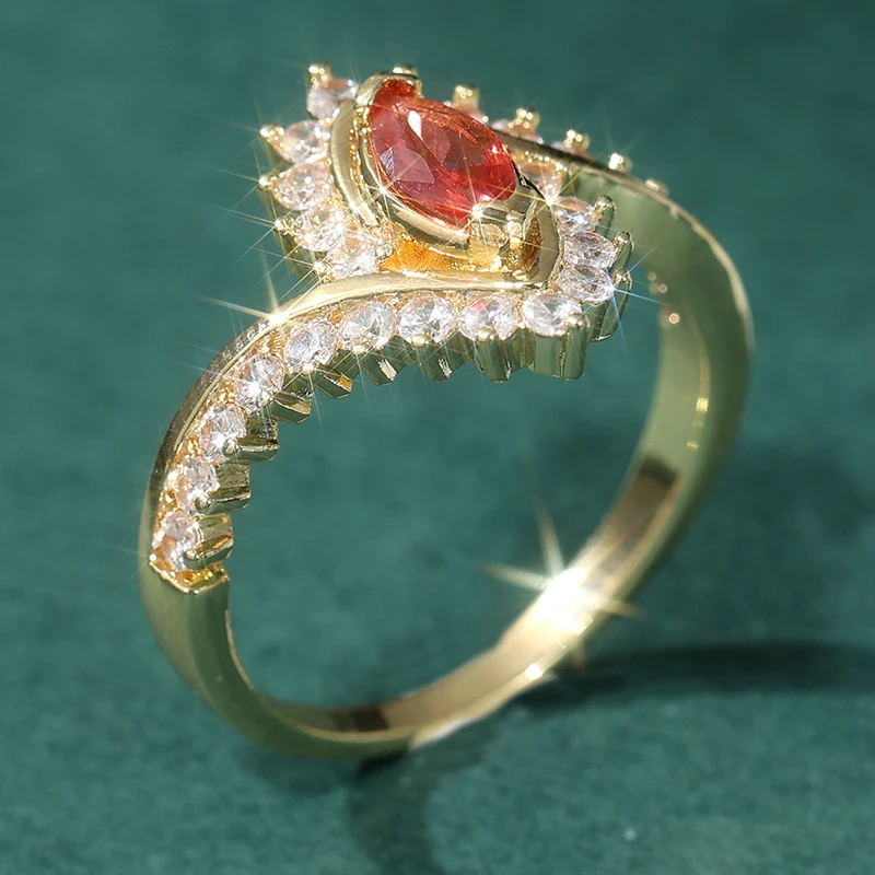 Wunderschöner goldfarbener, mit weißen und roten CZ-Steinen besetzter Damenring, geometrischer Schmuck für den täglichen Gebrauch und Partys – Detail 4