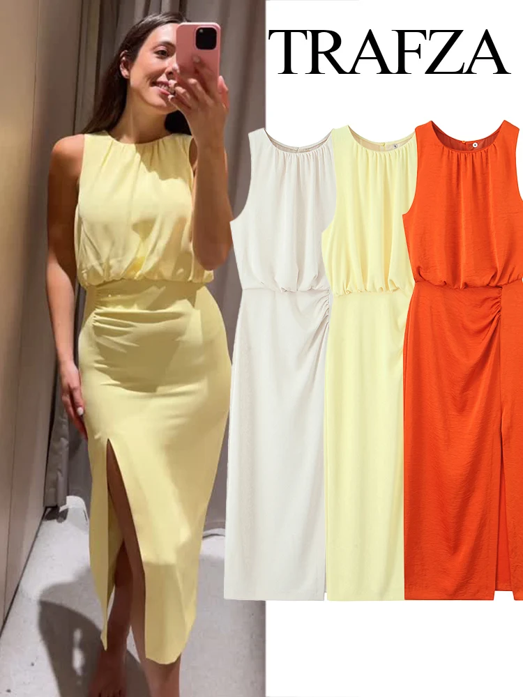 

TRAFZA 2025 Women Summer Holiday 3-Color Sleeveless Split Hem Fold Decoration Dress Women's Fashion Solid Crew Neck Long Dress