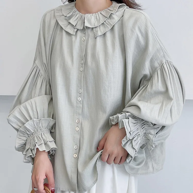 

Japanese Vintage Mori Girl Solid Color Single Breasted Shirts Women Double Layer Collar Long Lantern Sleeve Casual Loose Blouse