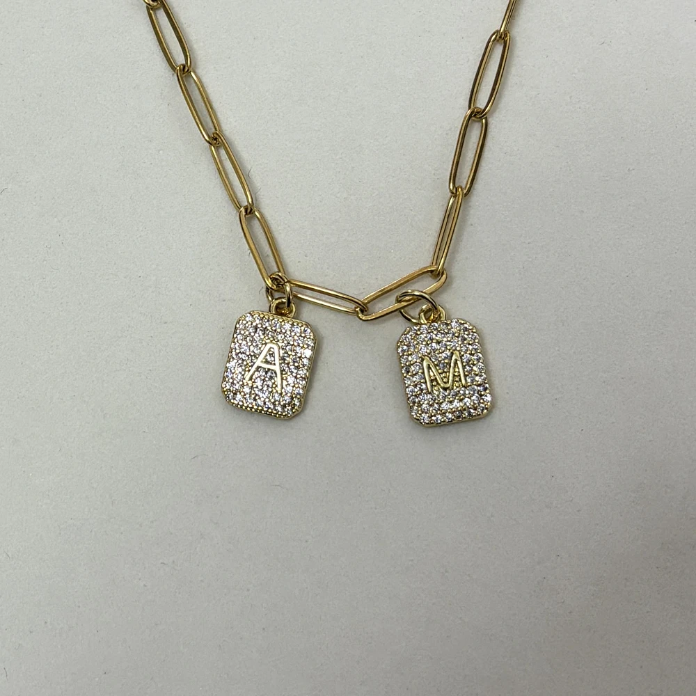 Customize Capital Initial Letter Carved Zircon Square Pendant Necklace Gold Color Copper Charm Bamboo Chain Necklace Jewelry