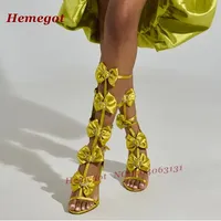 Yellow Satin Butterfly-Knot Sandals T-Straps Crystals Stiletto Heels Women's Sandal Boots Knee High Summer Cut Out Party Shoes