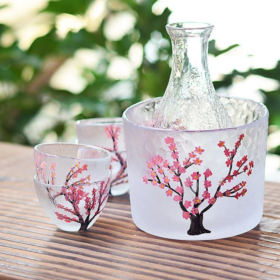 6 pcs/set Japanese style Sake Pot Wineware set Plum Blossom Design Glass Hot Wine Pot Home Small white wine Glass Set
