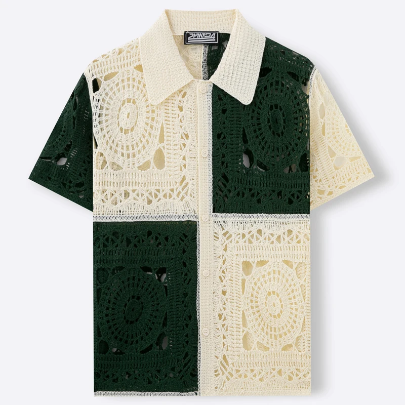 Summer Fashion Men Polo Shirt Hollow Out Knitted Shirts Crochet Men Cardigan Tops Turn Down Collar Short Sleeve T-shirt SY0109