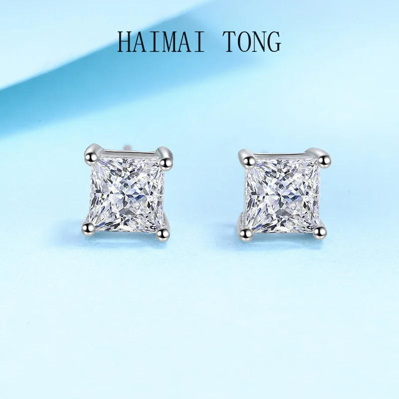 GRA Certified Moissanite Diamond Unusual Square Halo Stud Earrings for Women PT950 Platinum Classic Princess Trendy Fine Jewelry