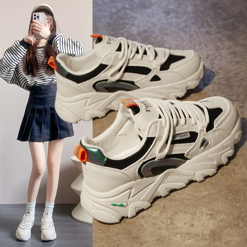 

Leather sneakers, platform dad shoes, low-top trendy shoes, 7829