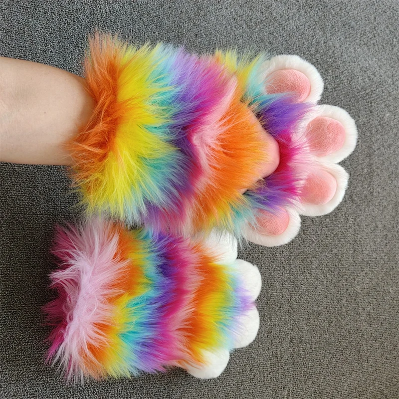 

Rainbow Furry Cat Claw Gloves Plush Beast Paws Mittens Kig Fursuit Kigurumi Halloween Party Role Playing Cosplay Costumes