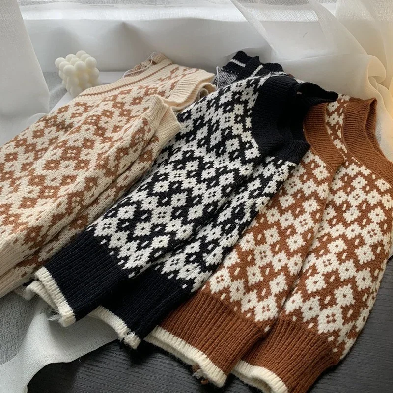 

Vintage Knitted V Neck Pullover Vest Brown Fall Winter Women Retro Sweater Vest Sleeveless Warm Sweaters Y2k Casual Oversize Top