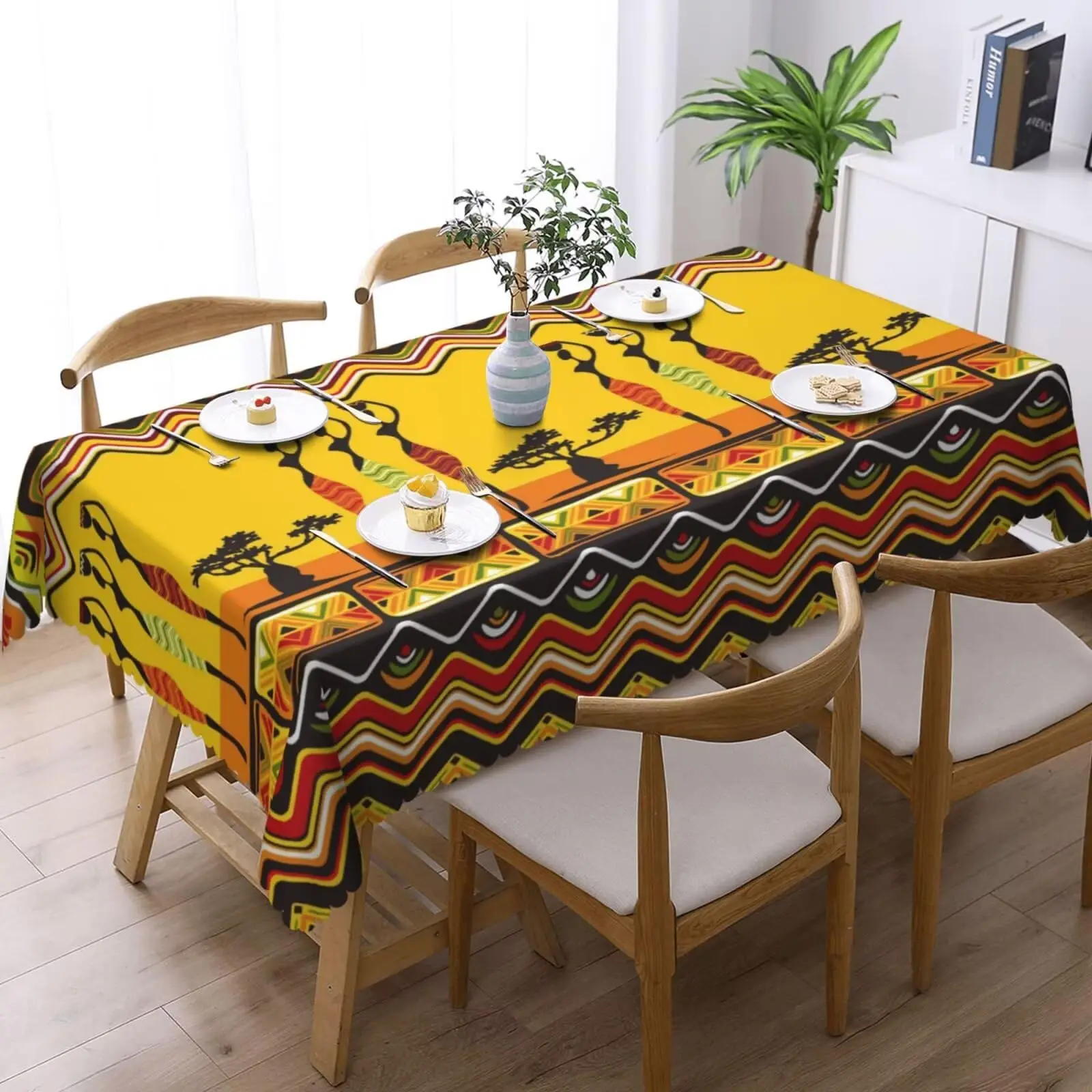 African American Women Dancers Rectangle Tablecloth Tribal Ethnic Boho Table Cloths Abstract Geometric Totems Print Washable