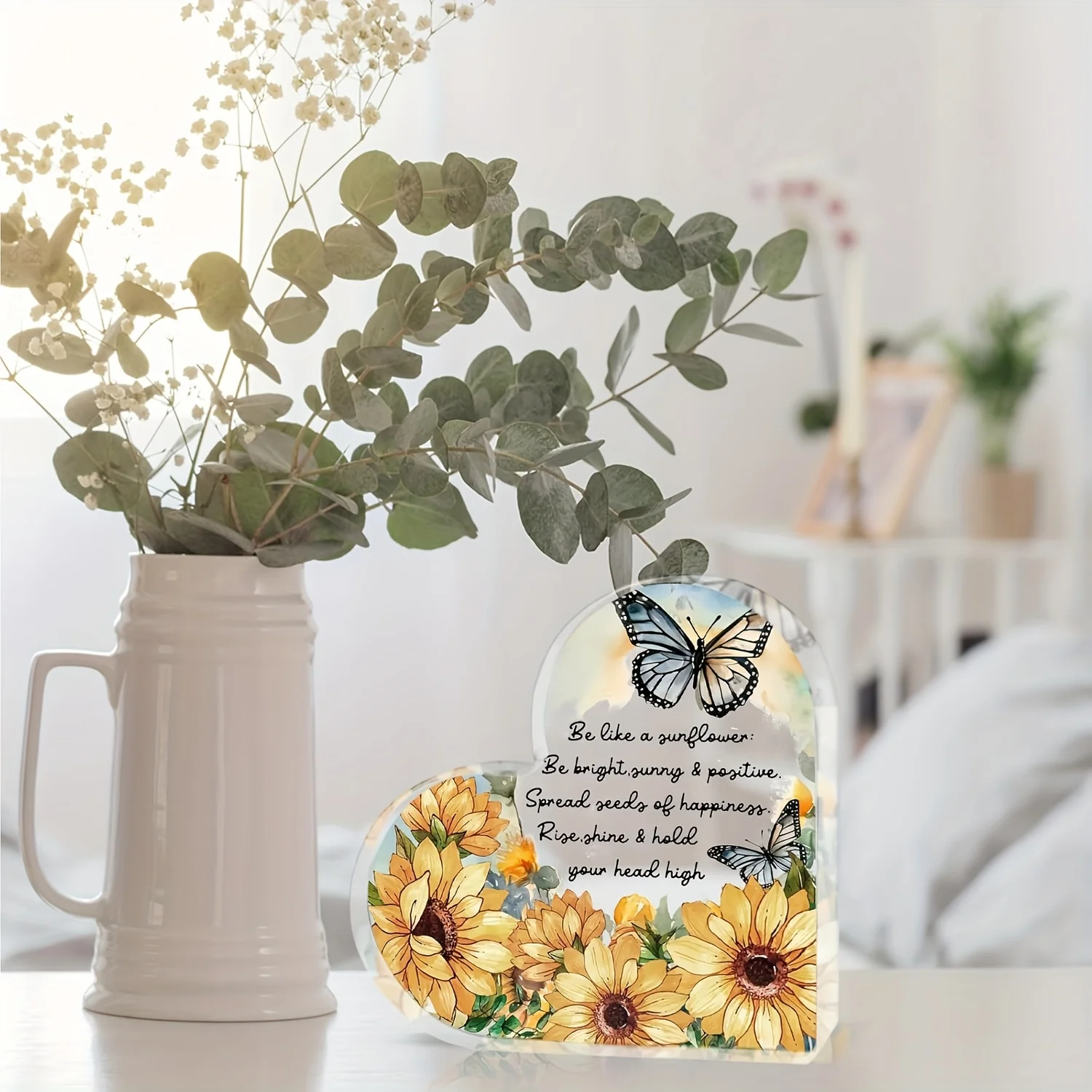 Heart-Shaped Sunflower Decorative Accessory with Inspirational Quote, 2D Flat Design, English Language, Multipurpose Tabletop Ornament, Ideal Encouragement Gift for Male and Female Colleagues, Uplifting Birthday Gift for Women, Sunflower Decoration