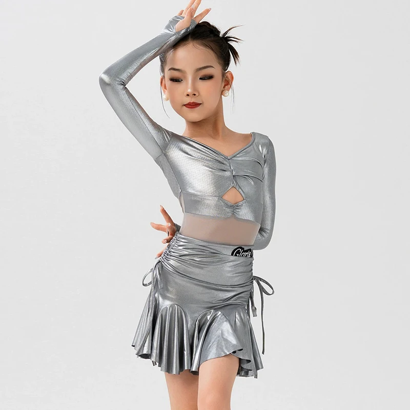 Silver Latin Dance Suit Girls Competition Performance Clothing Long Sleeve Cutout Bodysuit Ruffle Skirt Training Clothes VDL6042