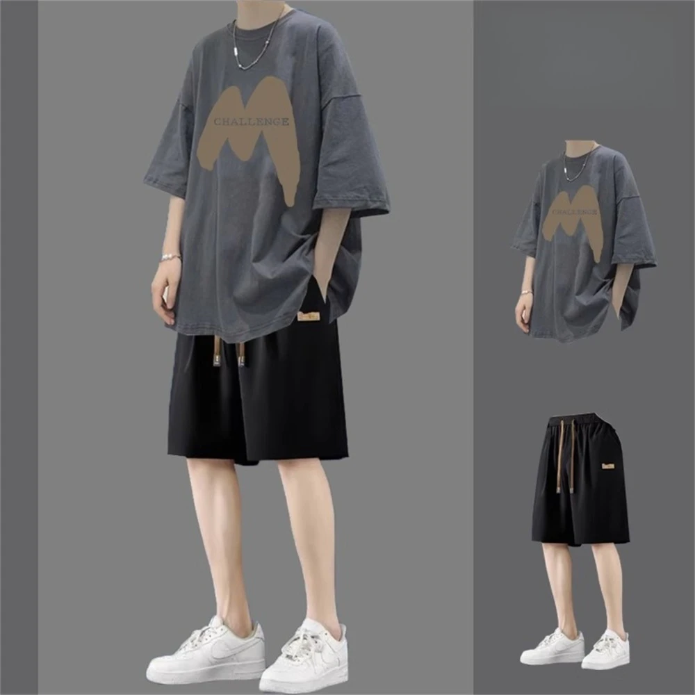 

Men's autumn lazy casual suit cool and trendy paired with sports shorts pure cotton two-piece set