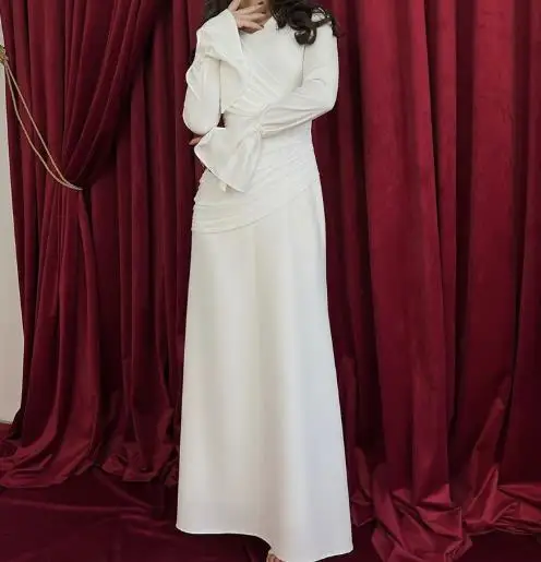 

Solid Color V-Neck Slim Fit Pleated Patchwork Flared Sleeve Dress for Autumn Women's Fashionable Solid Color Long Sleeved Dress