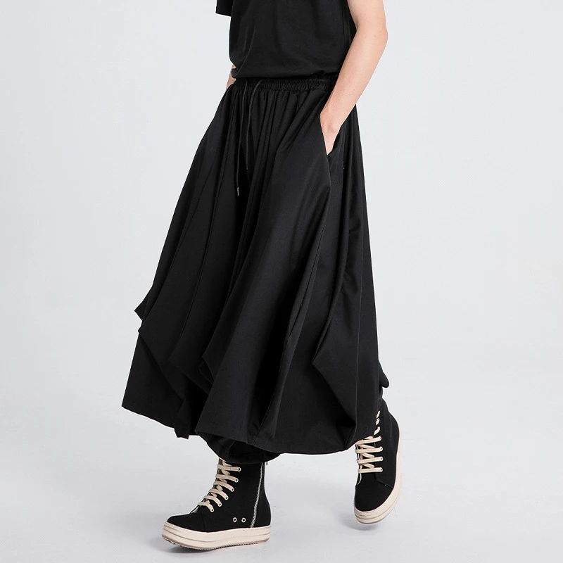 Men'S Casual Pants, Dark-Toned Irregular Wide-Leg Pants, Lace-Up Loose Slimming Skirt-Pants, Irregular Men'S Trousers