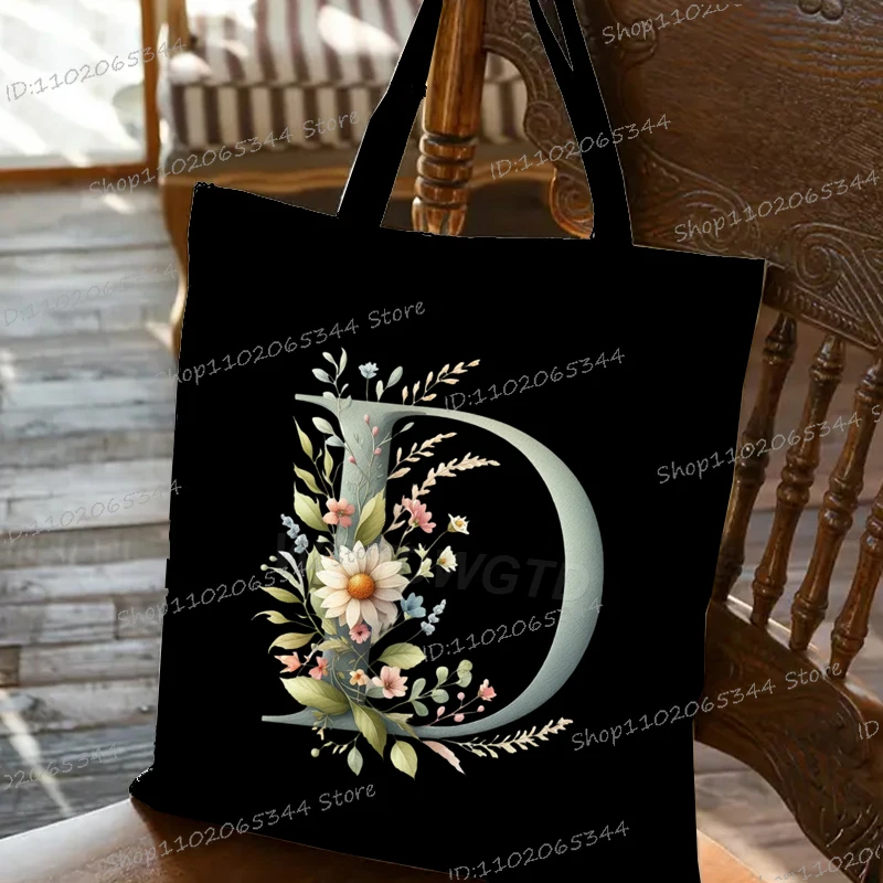 جديد المرأة خمر الأبجدية الذهبية حقائب اليد الرجعية الأزهار الاتجاه قماش حقيبة كتف عادية أنثى زهرة رسالة A-Z حمل الحقائب